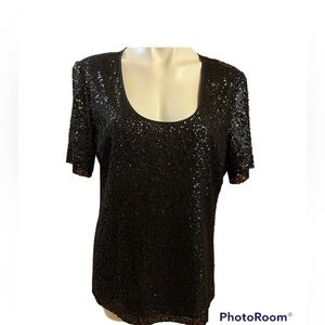 St. John Silk Black Sequins Short Sleeve Blouse Size 12